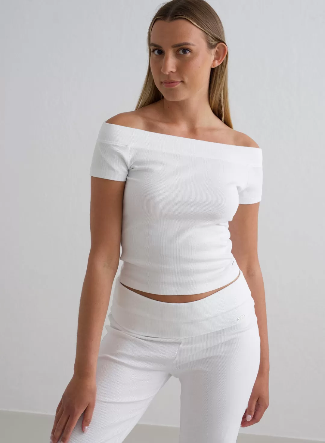 AIM’N Ease Ribbed Off-shoulder Top White Cheap